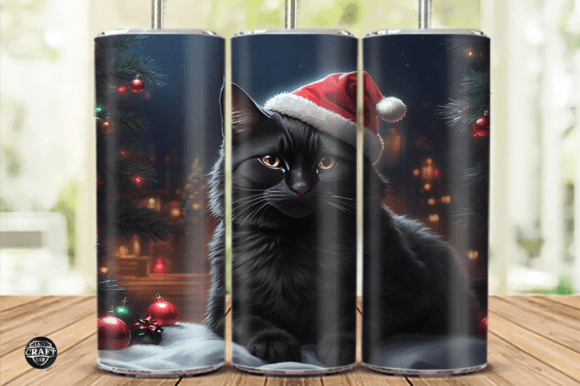 Cat with Christmas Hat Tumbler Wrap PNG