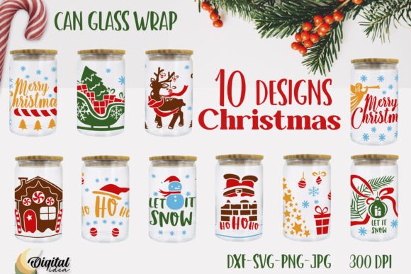 Christmas Glass Can Wrap. Bundle SVG: Graphics for Tumbler Wraps