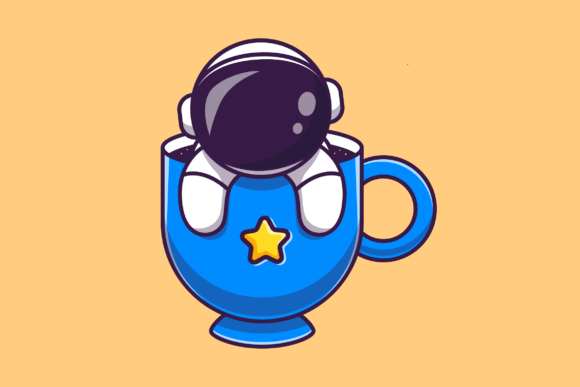Cute Astronaut in Cup Coffee Cartoon: Graphics & Illustrations for Local Brands