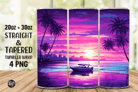 Neon Beach Scene Skinny Tumbler Wrap PNG Graphics