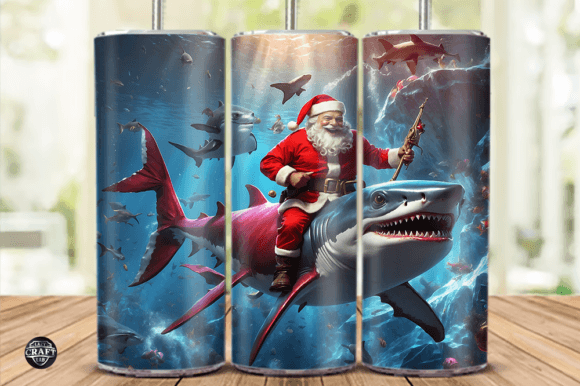 Santa Riding Shark Tumbler Wrap 20oz PNG Graphics